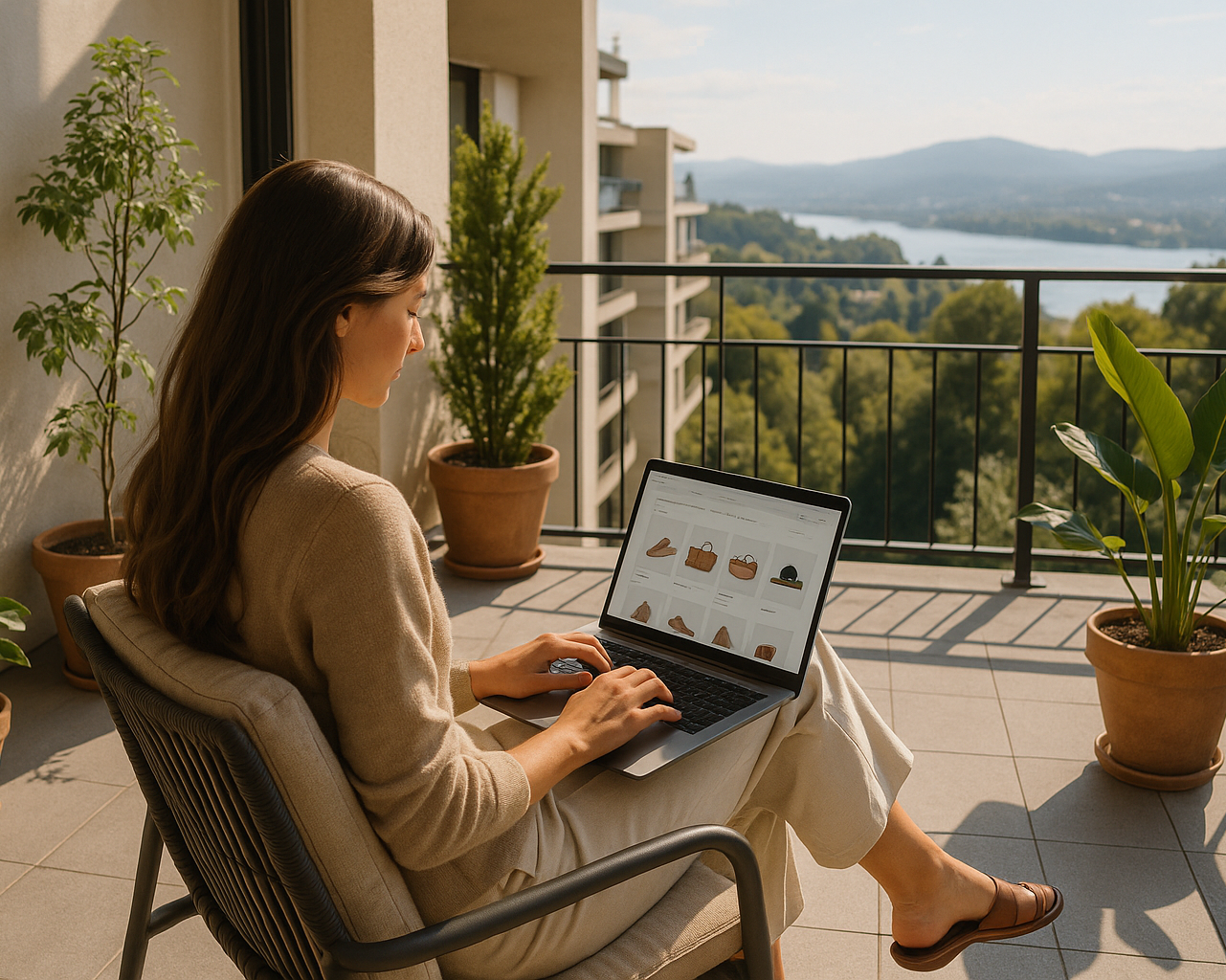 crie uma imagem por favor, de uma mulher de cabelo longo sentada em uma sacada de predio, uma vista bonita, ela esta com um notebook aberto na minha loja online